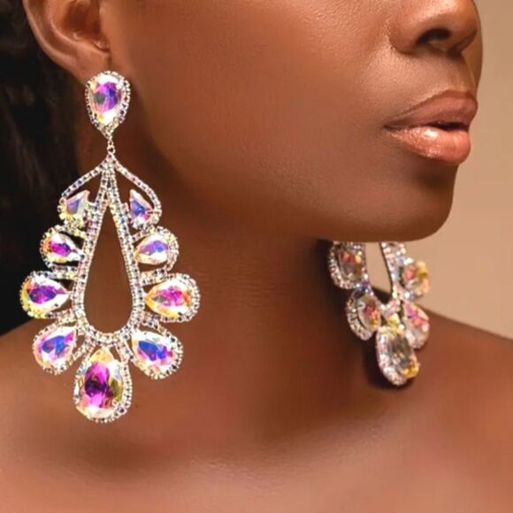 boutique Jewelry - Ladies Exaggerated teardrop rhinestone earrings mirror pink